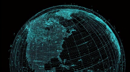Digital twin globe wrapped in analytics grids, sci-fi illustration, teal blue colorway, holographic effect, global business insights
