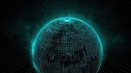 Digital twin globe wrapped in analytics grids, sci-fi illustration, teal blue colorway, holographic effect, global business insights