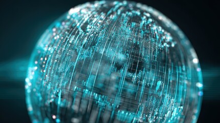 Digital twin globe wrapped in analytics grids, sci-fi illustration, teal blue colorway, holographic effect, global business insights