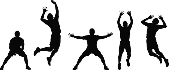 Silhouette volleyball players in dynamic jumping and blocking poses with ball, teamwork, competitive sports training, athletic motion, and game techniquest © Irin Akter