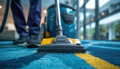 A person using a vacuum cleaner on a colorful carpet in a well-lit indoor space, focusing on cleanliness and maintenance.