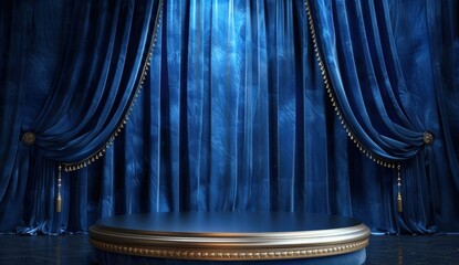 A luxurious blue velvet curtain backdrop with a round stage, creating an elegant, theatrical atmosphere.