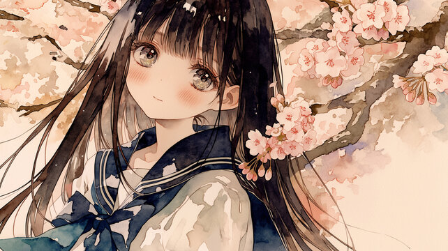 舞い散る桜と歩く制服の少女の春の情景｜新学期や卒業、青春をテーマにしたイメージに使える背景素材