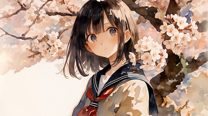 桜吹雪の中、制服姿で歩む女子高生　卒業や入学の節目を描いた春のイメージイラスト　感動系動画に最適