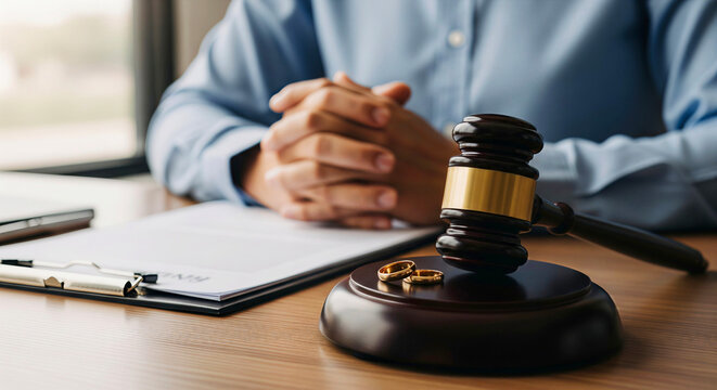 Lawyer with gavel and wedding rings on desk, symbolizing divorce proceedings and legal resolution