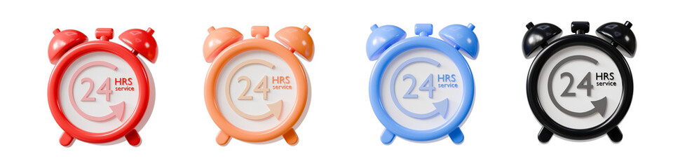 Obraz premium 3d twenty four hours service clock icon. always on concept. minimal cartoon alarm bell timer for customer support. isolated on white transparent background. 3d render.