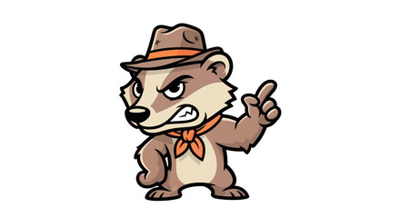 Fototapeta premium A cartoon badger in a fedora and ascot, pointing with an angry expression