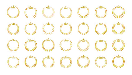 王冠付き月桂冠のフレームセット-ゴールドのランキング用エンブレム素材｜Circular laurel wreath frame set with crowns. Gold ranking emblem material