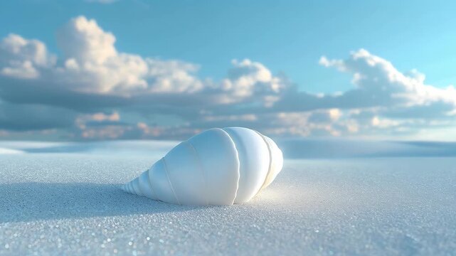 Shell's Serenity by the Sea: A singular, lustrous seashell sits gracefully on the pristine, sandy shore under a vast sky filled with fluffy clouds, offering a sense of peace and tranquility.