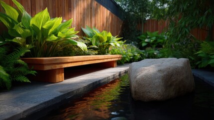 Obraz premium Tranquil Zen Garden with Serene Water Feature, Lush Greenery, Natural Stone, Wooden Bench, Calming Atmosphere, Perfect for Relaxation and Meditation Spaces
