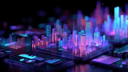 Futuristic data analytics dashboard floating as hologram above abstract city, cyberpunk illustration, neon blue purple, 3D render, AI insights, clean business intelligence concept. 