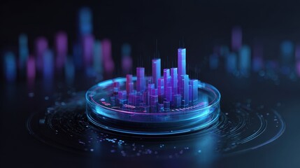 Futuristic data analytics dashboard floating as hologram above abstract city, cyberpunk illustration, neon blue purple, 3D render, AI insights, clean business intelligence concept. 