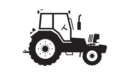 Obraz premium Silhouette of a vintage tractor vehicle in a rural farm scene, rendered in black and white for an industrial graphic.