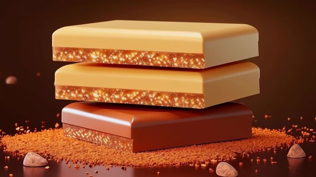 Chocolate stack: A tantalizing stack of exquisite chocolate squares, showcasing layers of dark, milk, and white chocolate, sits atop cocoa powder.