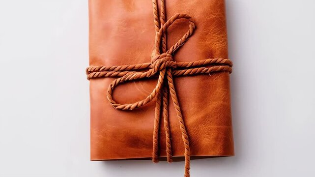 A Tied Leather Bound Journal: Captured in a studio setting, a bound journal, wrapped and secured with a rope knot, evokes a sense of anticipation and the allure of untold stories within its pages.