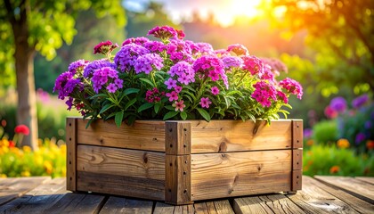 Vibrant Phlox Blossoms in a Rustic Wooden Planter.