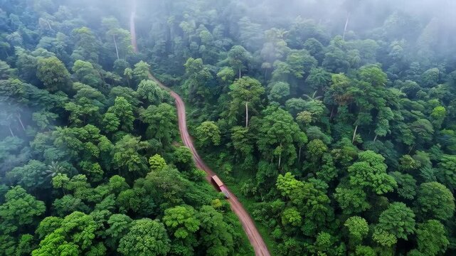 Overlooking Nature's Trail: An aerial view captures a winding road weaving through a lush, dense forest, creating a scenic journey through nature's embrace. 