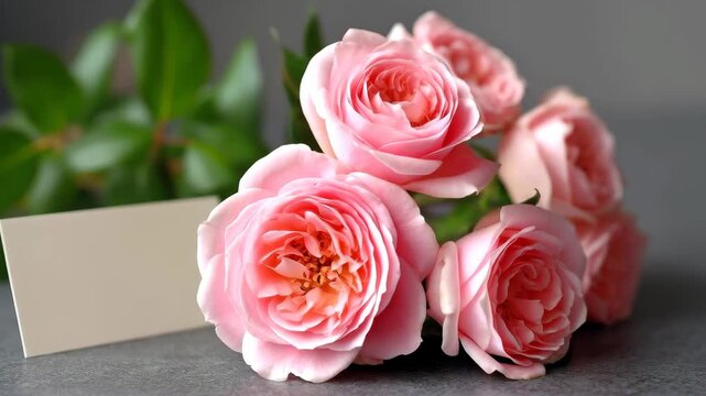 A Bouquet of Pink Roses: A beautiful bouquet of delicate pink roses, arranged artfully, conveying sentiments of love, care, or appreciation, is complemented by a blank card.