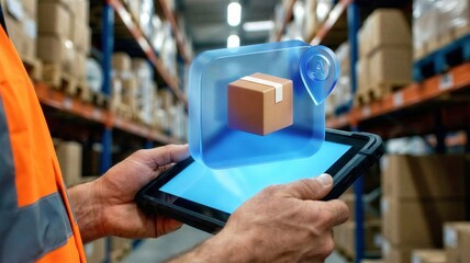 Logistics worker using digital tablet for smart inventory tracking