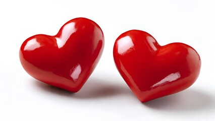 Fototapeta premium Two shiny red hearts are pictured against a crisp white background, symbolizing love, affection, and the celebration of Valentine's Day in a simple composition.