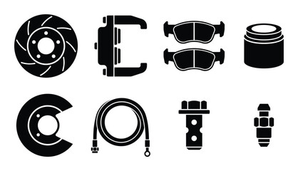 Car braking system components and hardware illustrated in black silhouette on transparent background vector © GoDesigner