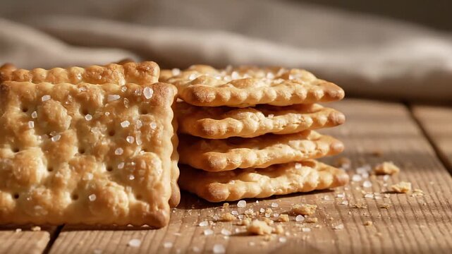 A stack of salted crackers on a wooden surface with a textured cloth background viewed from a slight angle