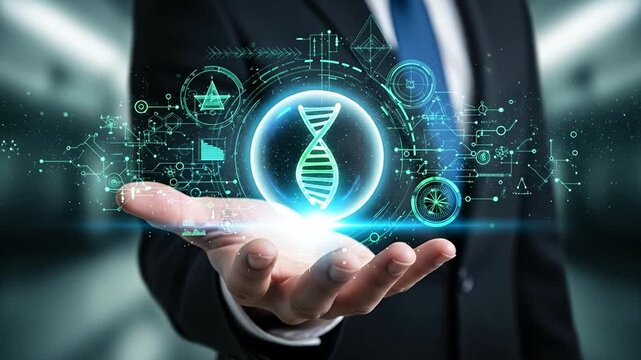 DNA in the Digital Age: A business person, their outstretched hand cradling a luminous, digital representation of a DNA helix, reflecting innovation and scientific advancement.