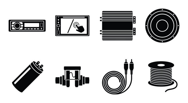 Car audio system components and electronic parts icon set for car entertainment and sound systems