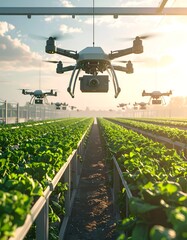 Aerial view of multiple drones inspecting rows of greenhouse plants