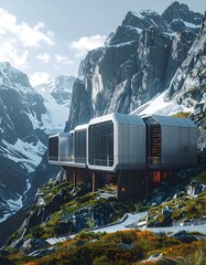 Modern structure built into cliffside with mountain backdrop and pathway
