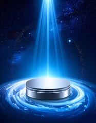 Circular stage illuminated by a bright blue light in a starry night scene