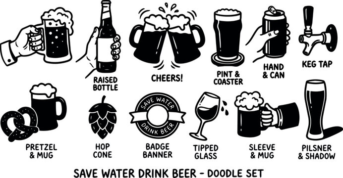 Doodle hand drawn beer icon set showing raised bottle, clinking mugs, pint glass, keg tap, pretzel pairing, bold black linework