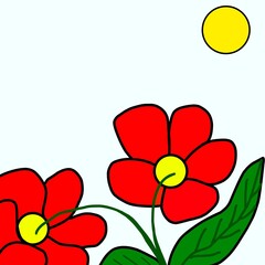 Abstract floral background with red flowers and sun in the sky. Hand drawn minimal illustration design.