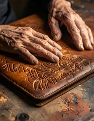 Aged hands resting on a carved, leather-bound book