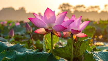 Pink Lotus Flowers Blooming in a Serene Pond.