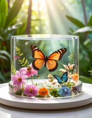 Butterfly inside clear container, surrounded by flowers and green foliage
