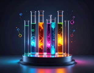 Colorful liquids fill test tubes on a stage, surrounded by floating molecules
