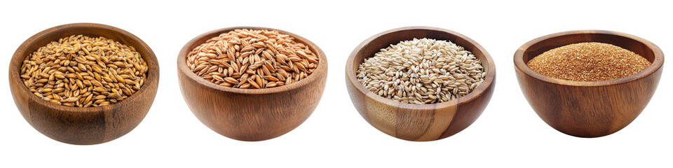 Different bowls are filled with different ingredients. Bowls are made of wood. ingredients are natural and fresh.