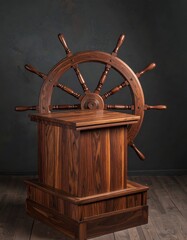 A wooden ship's wheel is mounted on a box-like structure