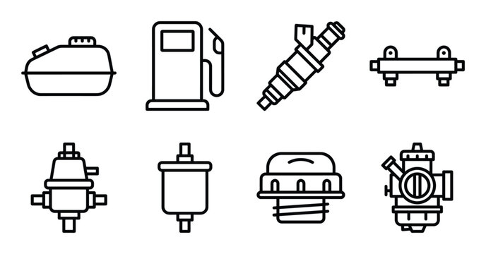 Fuel system components icons set including tank gas station pump injector carburetor and fuel filter