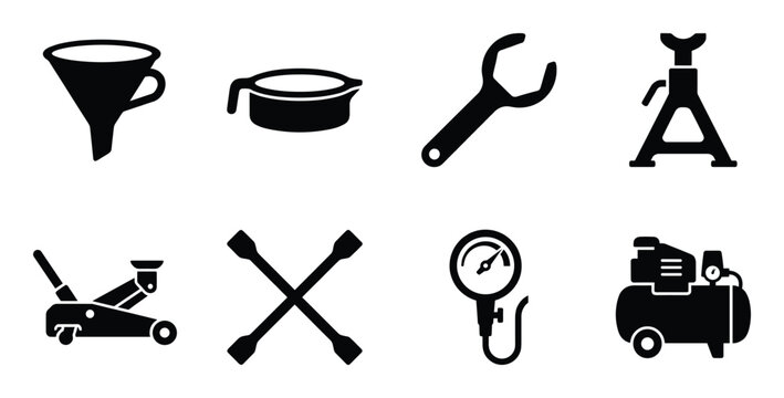 Garage tools and equipment icons set with floor jack jack stand wheel wrench compressor and funnel oil