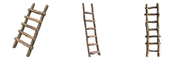 Wooden ladder set on an isolated background, illustrating different angles. The ladder is made of wood, and it is a symbol of progress, growth, and achieving goals.