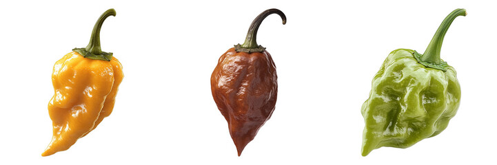 Three hot peppers of varying colors, showcasing their unique textures and shapes. Each pepper presents a distinct hue, ranging from vibrant yellow to deep brown and fresh green.