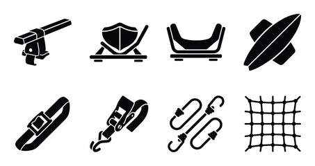 Obraz premium Set of black icon car accessories and parts on transparent background for travel sport activity