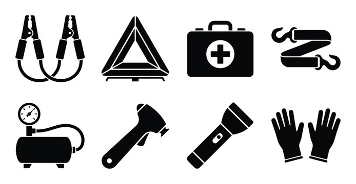 Set of black icon car emergency and safety tools on transparent background for roadside assistance