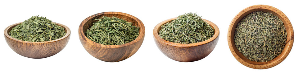 Wooden bowls with assorted green herbs create a culinary symphony of taste. The arrangement showcases variety in texture and tone, hinting at the culinary applications of these fine herbs. 