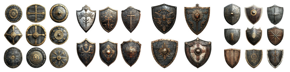 A collection of antique shields, perfect for any historical project. A close-up shot of various medieval shields. Each one is unique and beautiful.