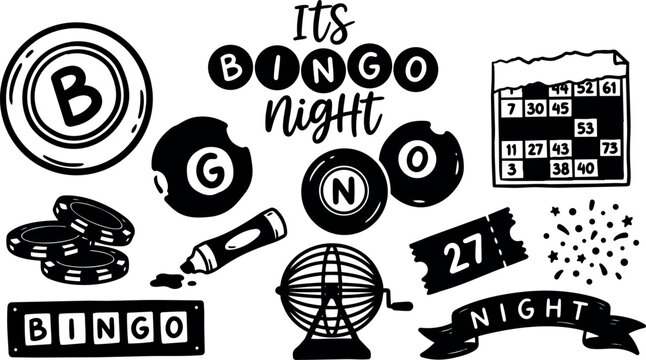 Hand drawn illustration close up bingo balls cage and ticket with marker chips and bingo card in playful retro monochrome style