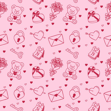 Valentine's Day pattern illustration featuring teddy bears, gifts, love letters, calendars, heart locks, hearts with arrows, and bouquets of flowers. Suitable for wrapping paper, tablecloths, etc.