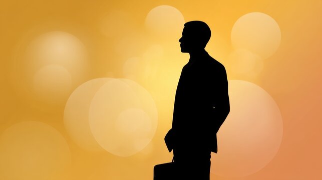 Silhouette of Businessman Standing Against a Yellow Background with Soft Focus Bokeh Lights, Symbolizing Professionalism and Success in Corporate World